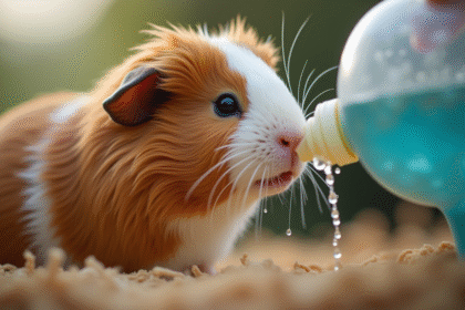 Cochon d'Inde buvant dans une bouteille d'eau