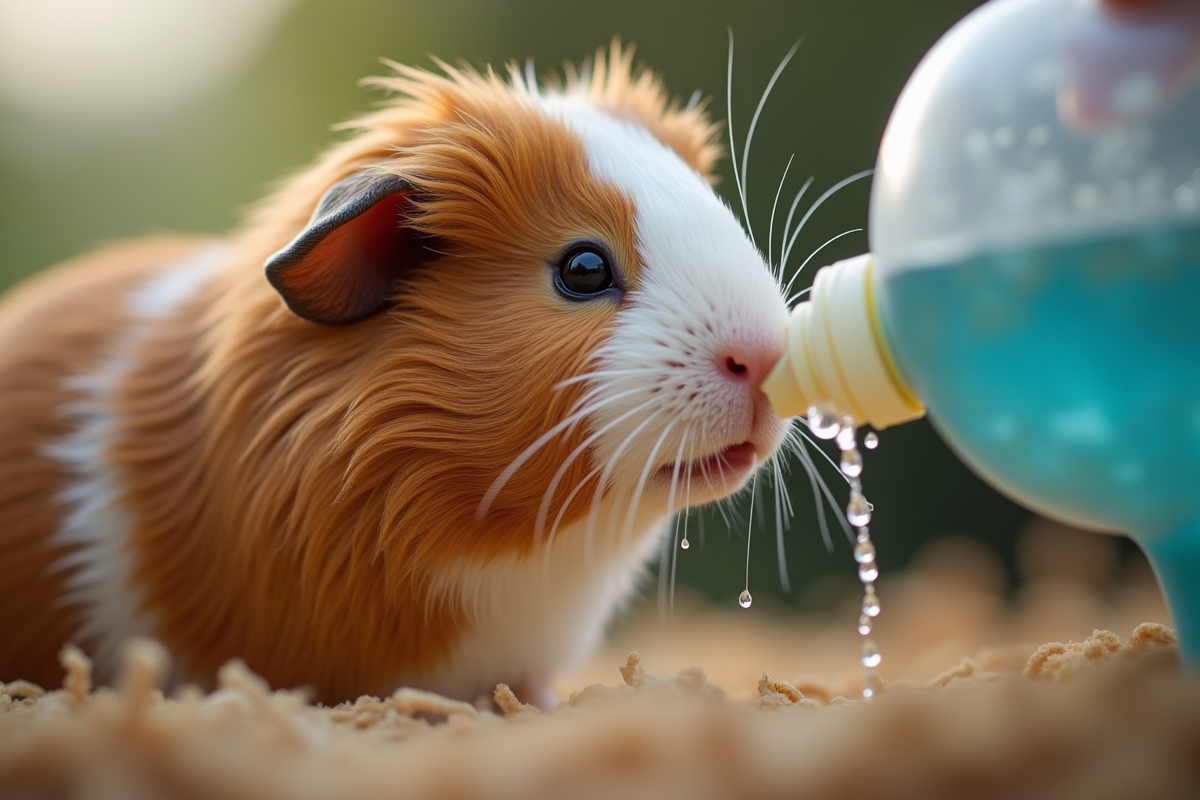 Cochon d'Inde buvant dans une bouteille d'eau