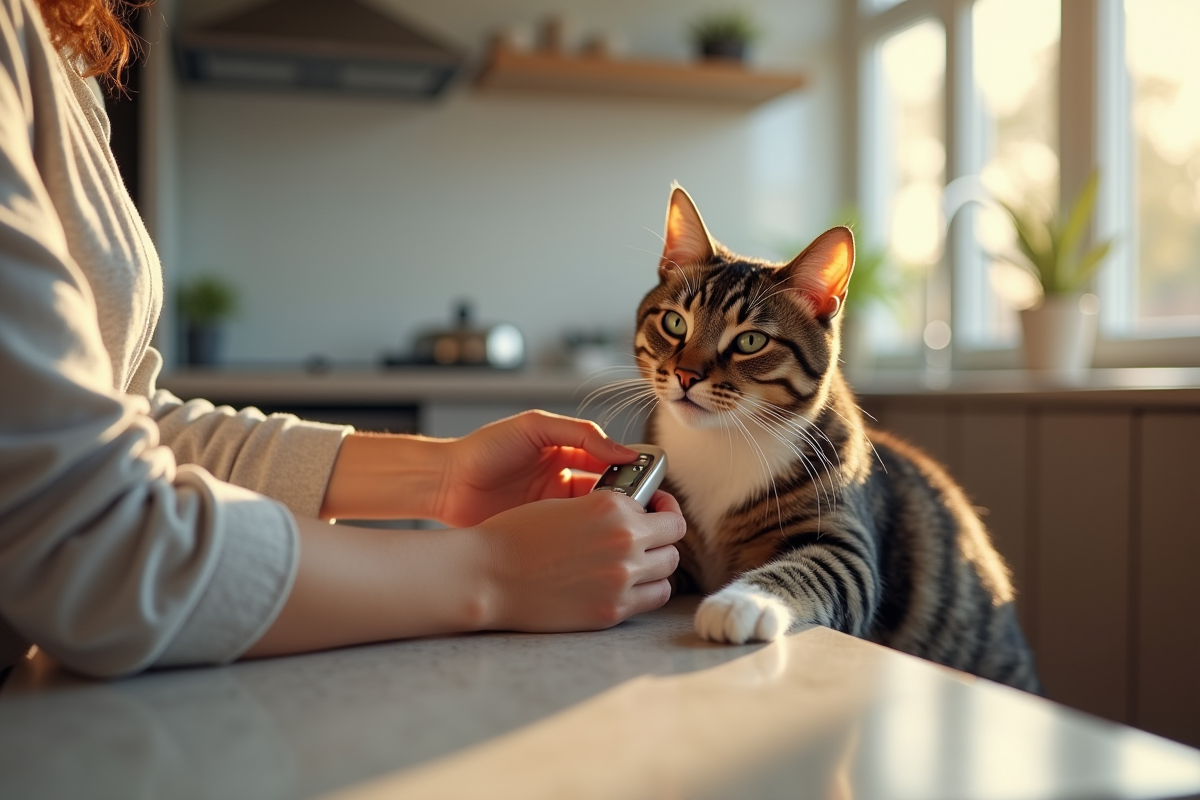Humain vérifiant le glucose d’un chat tacheté dans la cuisine