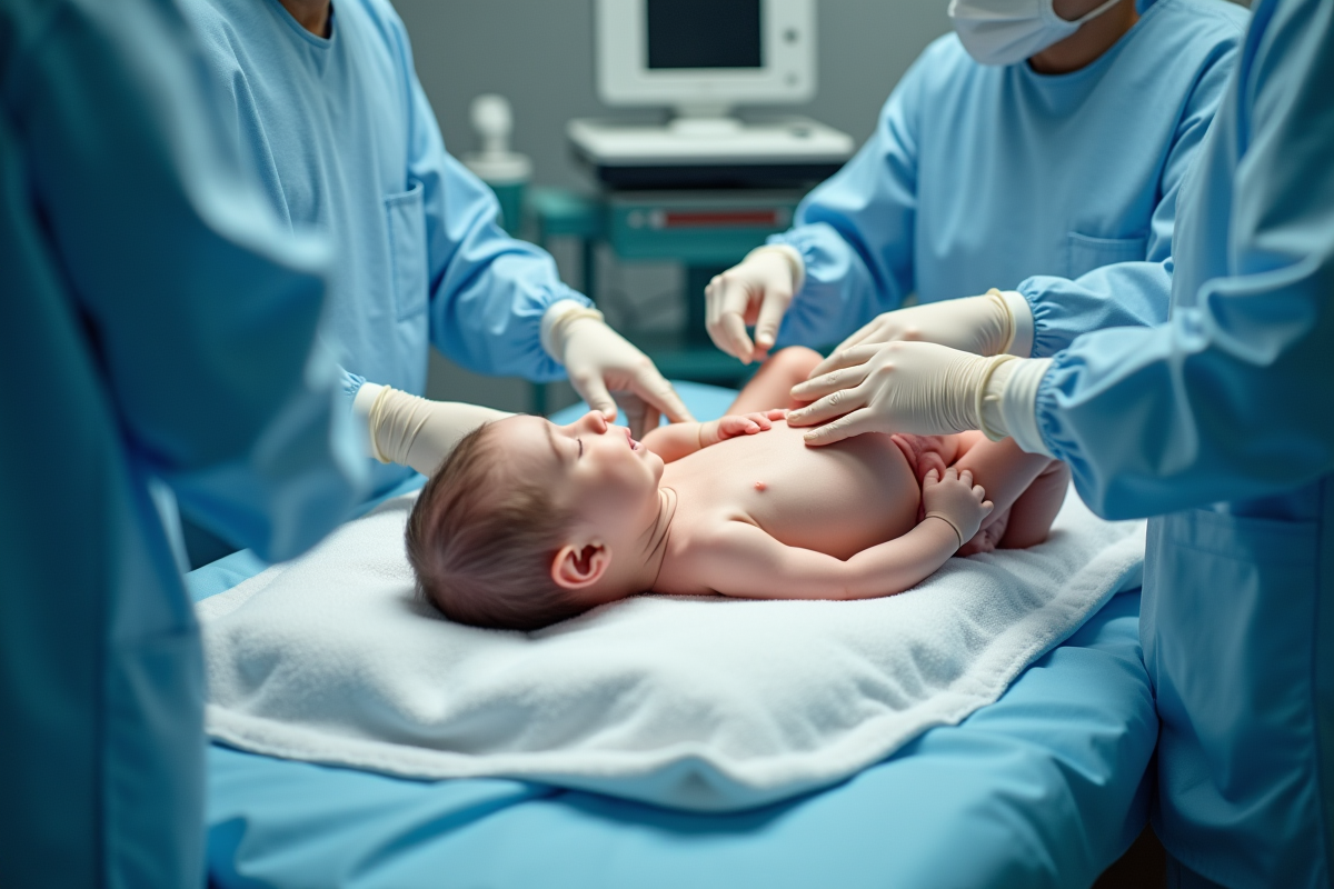 Bebes conjoins lors d un examen médical avec medecins attentionnes