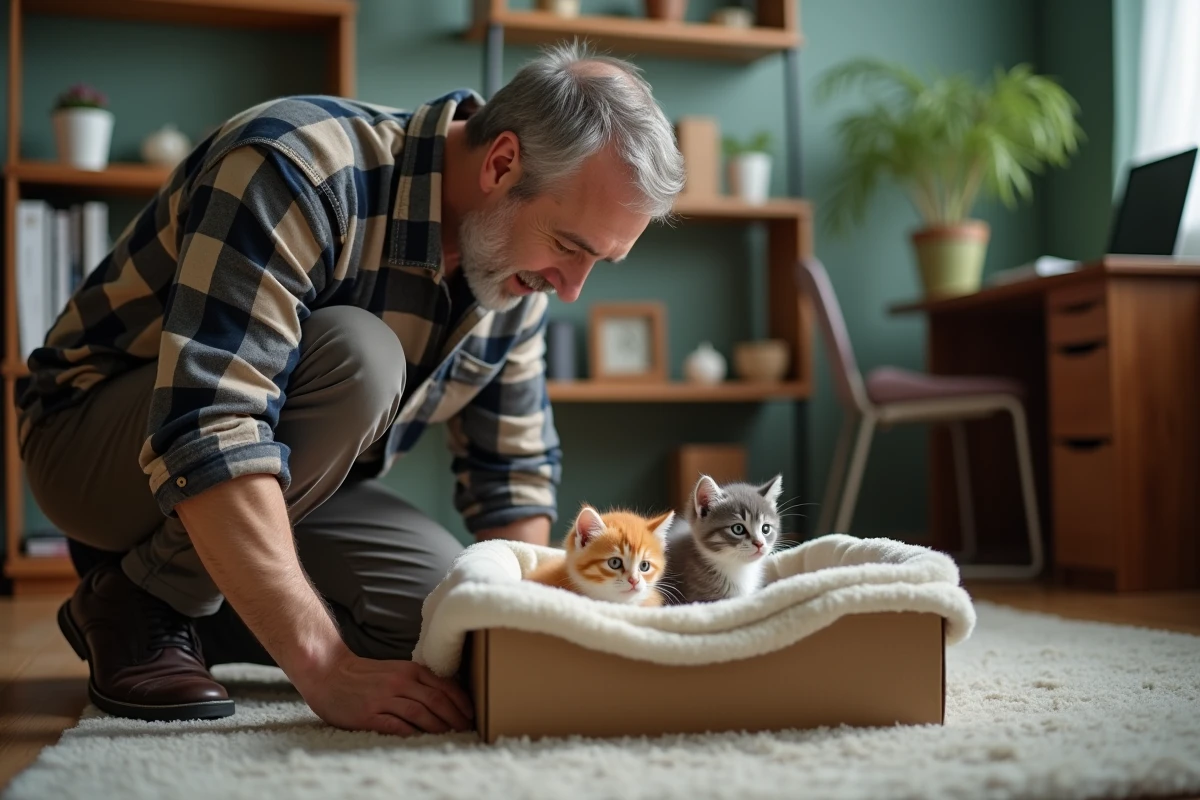 Homme en famille d'accueil observant deux chatons de 3 mois dans une maison de banlieue parisienne