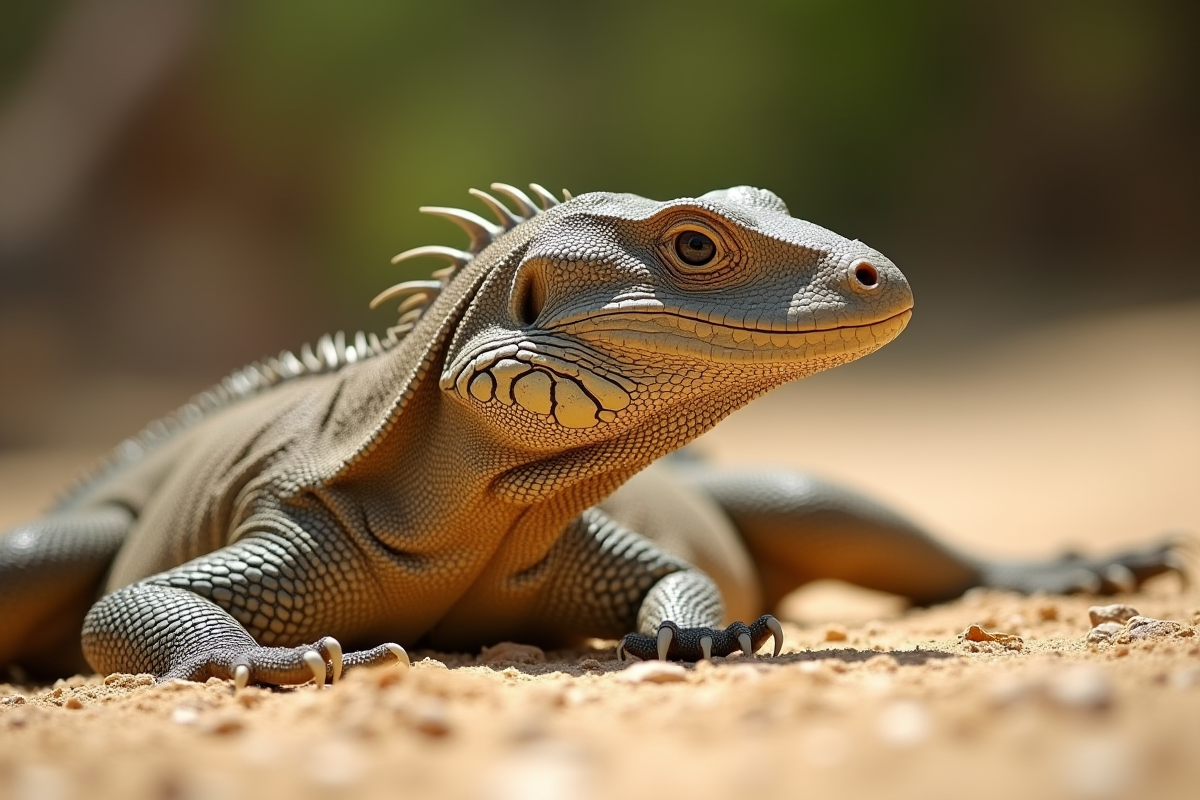 Dragon de Komodo reposant sur le sol sableux en plein jour