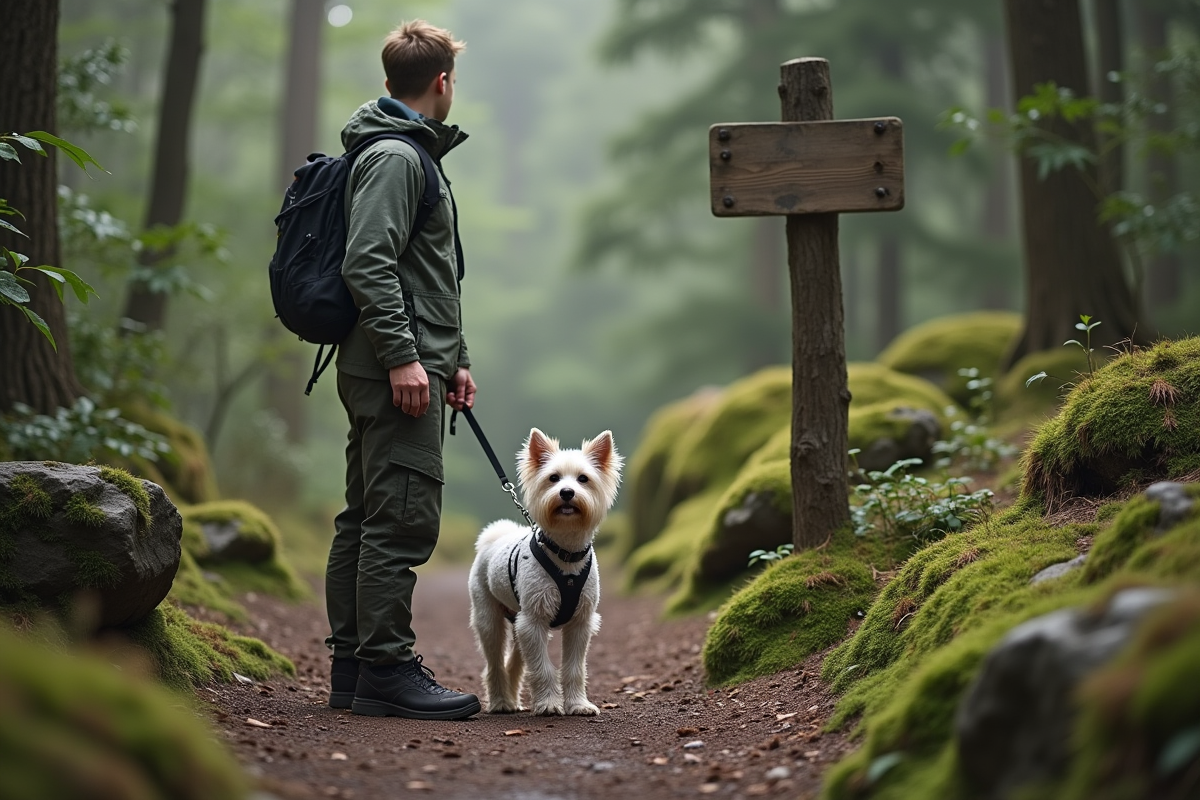 Jeune dresseur avec chien chinois crested en forêt
