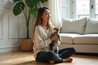 Jeune femme tenant un chaton de 3 mois dans un appartement parisien, famille d'accueil pour chaton en Île-de-France