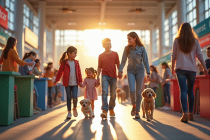 Famille heureuse arrivant à un salon de chiots animé