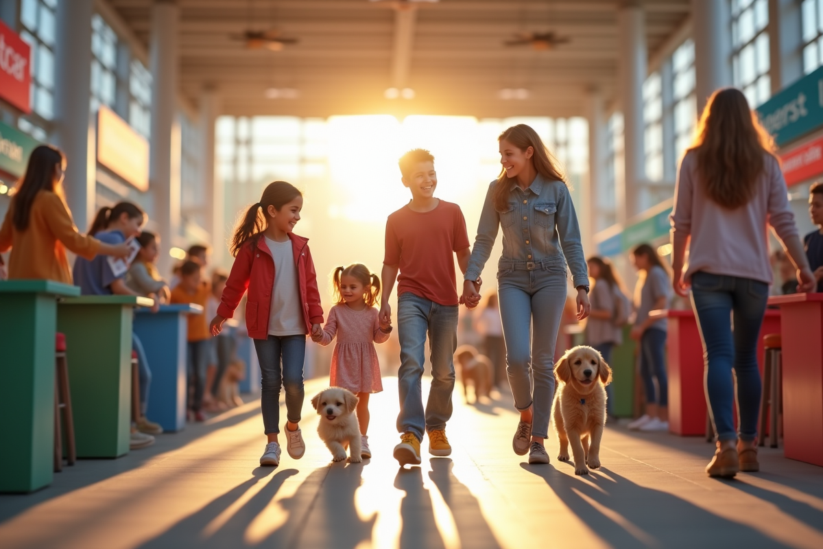 Famille heureuse arrivant à un salon de chiots animé