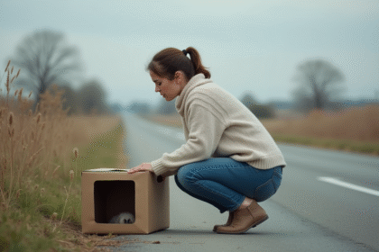 Femme agenouillée près d'une caisse pour animaux dans la nature