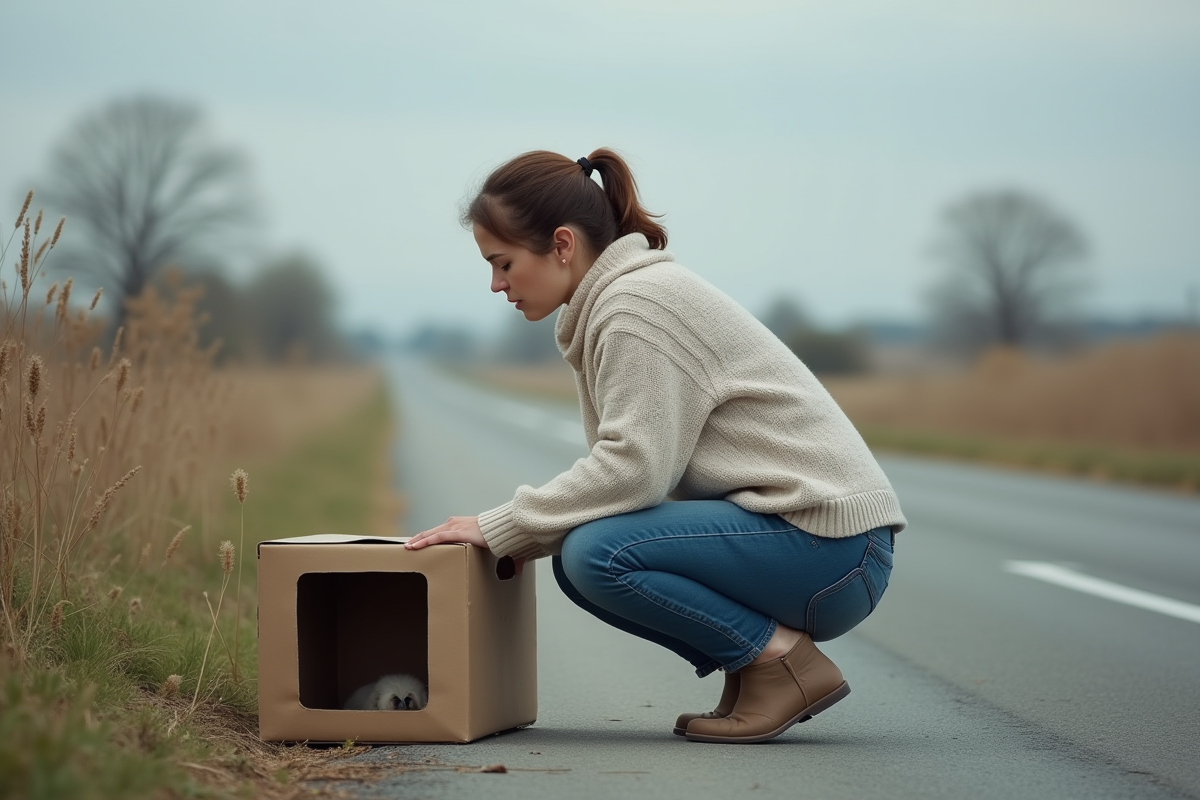 Femme agenouillée près d'une caisse pour animaux dans la nature