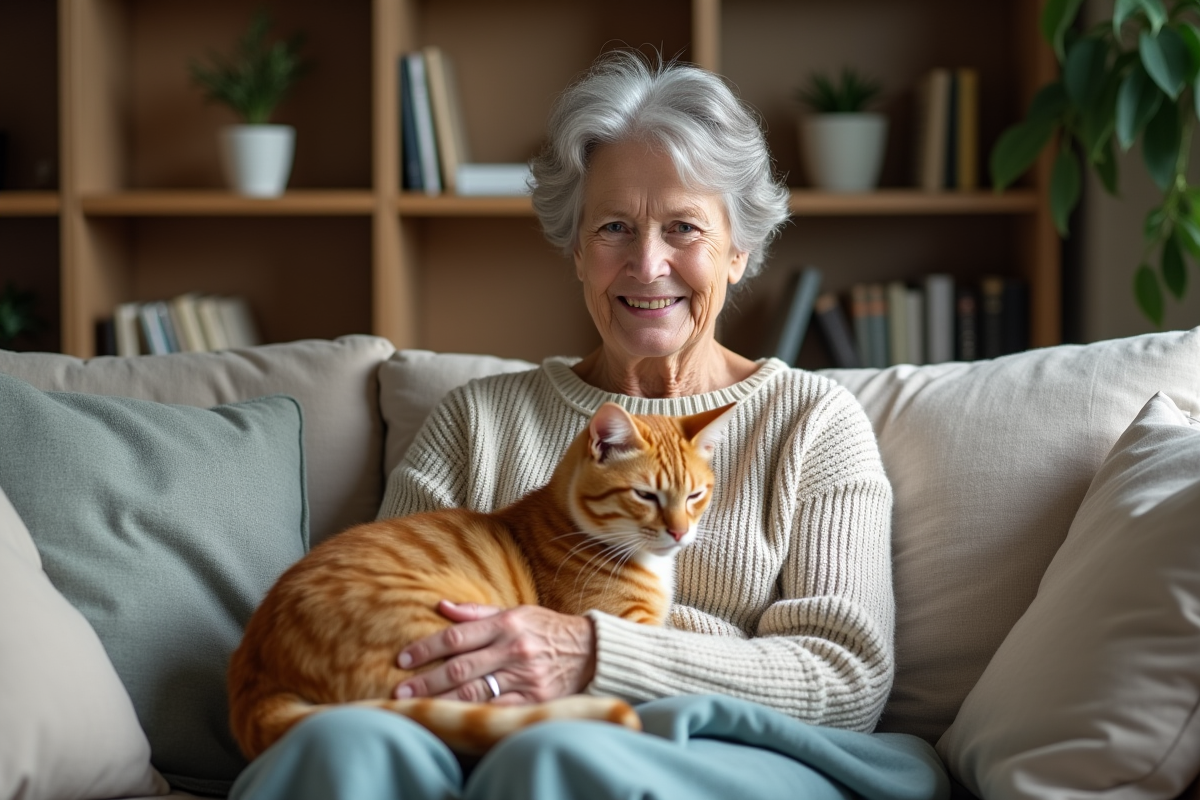 Femme âgée souriante avec chat sur les genoux dans un salon chaleureux