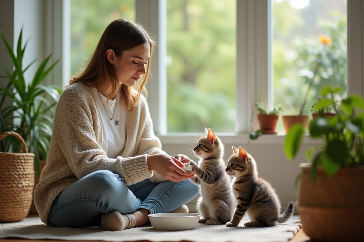 Femme donnant du lait à deux chatons dans un jardin intérieur
