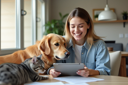 Jeune femme souriante avec chien et chat dans un salon lumineux