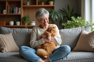 Femme en pull cosy avec un chat ginger dans un salon chaleureux