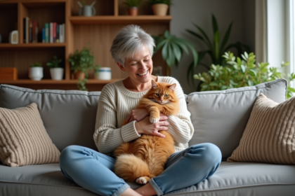 Femme en pull cosy avec un chat ginger dans un salon chaleureux