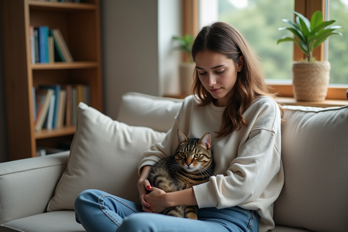 Femme assise avec un chat domestique sur ses genoux