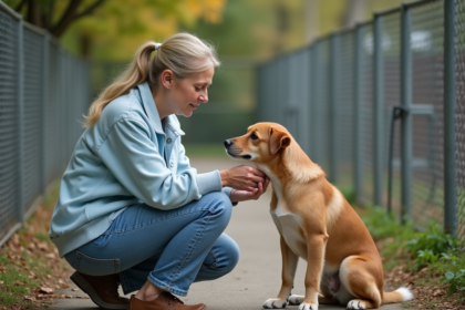 Femme réconfortant un chien dans un refuge animalier
