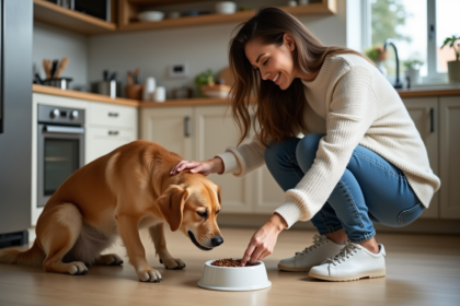 Femme souriante donnant à manger à son chien dans la cuisine
