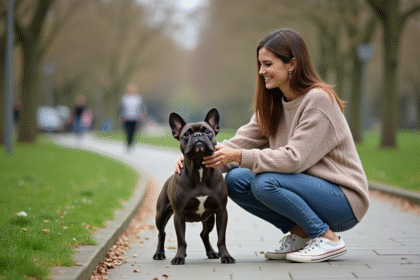 Femme souriante avec son chien dans un parc urbain français