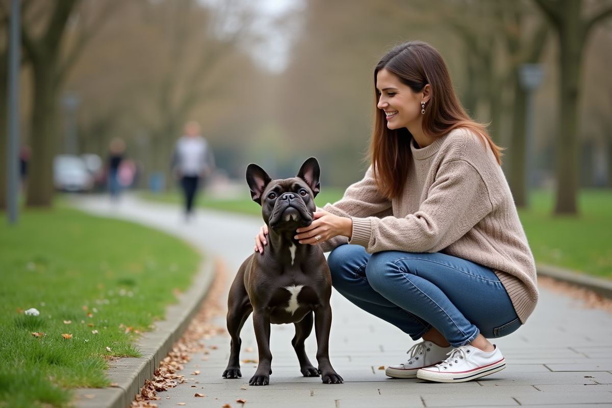 Femme souriante avec son chien dans un parc urbain français