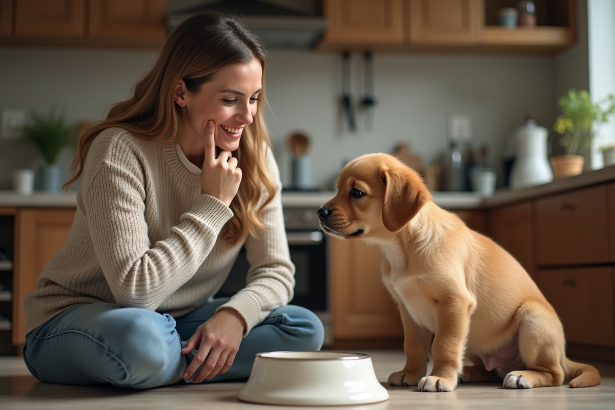 Femme observant son chiot golden retriever dans la cuisine