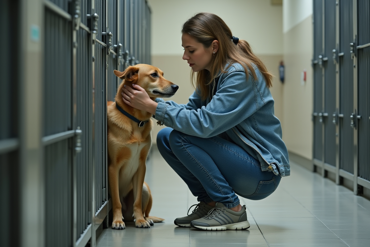 Femme embrassant son chien dans un refuge animalier