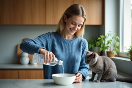 Femme versant de l'eau dans un bol pour chat dans la cuisine