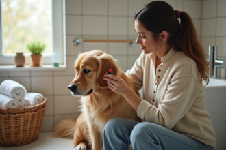 Femme caressant son chien golden retriever dans une salle de bain chaleureuse