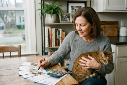 Femme assise avec un chat sur ses genoux en train de lire des brochures d'assurance