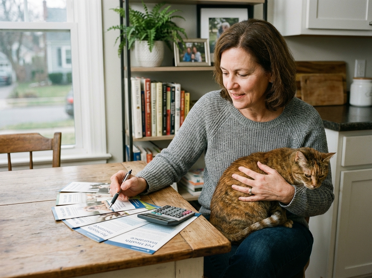 Femme assise avec un chat sur ses genoux en train de lire des brochures d'assurance