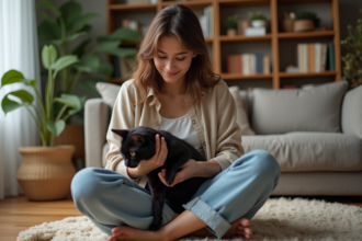 Jeune femme caressant un chat noir dans un salon cosy