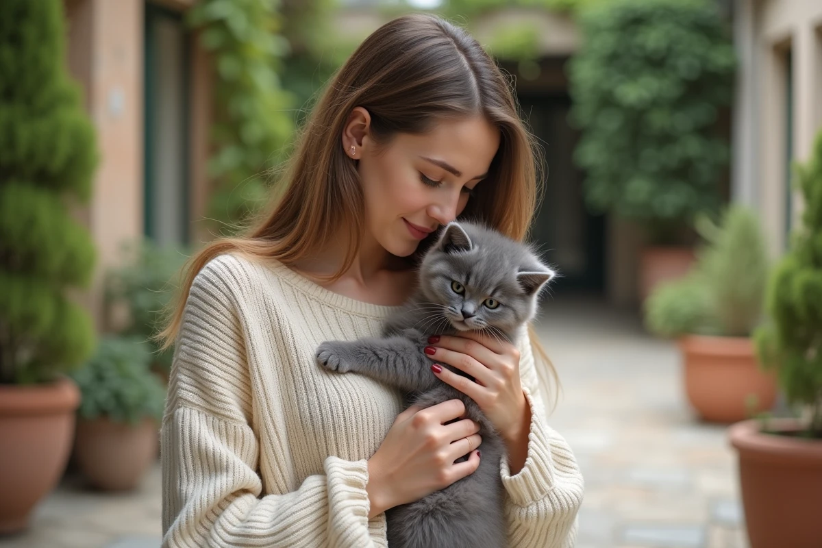 Jeune femme tenant tendrement un chaton Scottish Fold gris dans un jardin avec végétation floue en arrière-plan