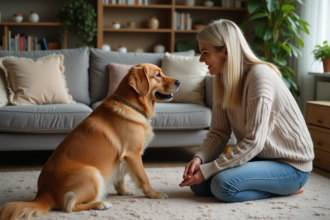 Femme et chien golden retriever dans un salon chaleureux