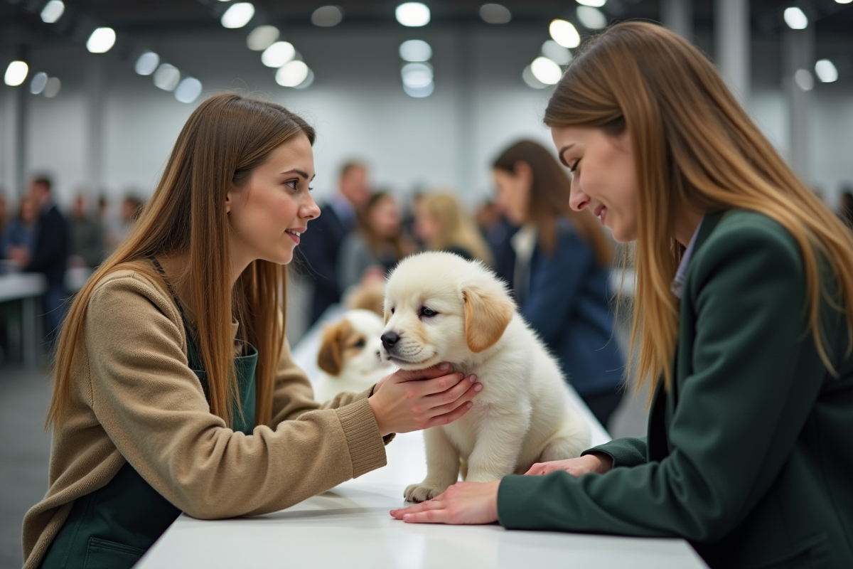 Jeune femme caressant un chiot sur une table lors du salon
