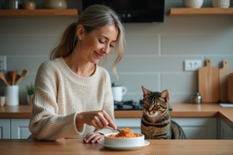Femme en pull douce donnant de la pâtée à son chat dans une cuisine moderne