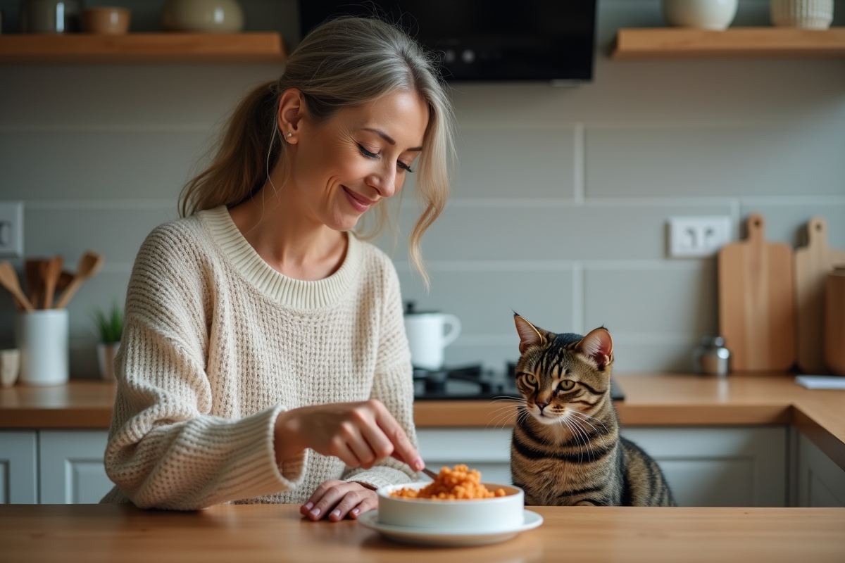 Femme en pull douce donnant de la pâtée à son chat dans une cuisine moderne