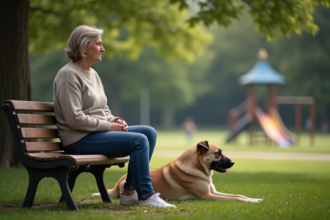 Femme assise sur un banc de parc avec son chien détendu