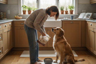 Femme versant nourriture pour chien dans un bol en céramique avec un retriever doré