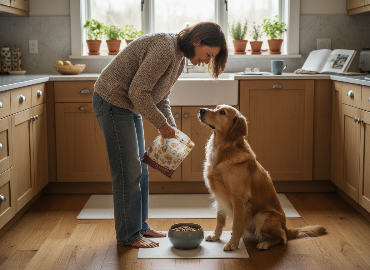 Femme versant nourriture pour chien dans un bol en céramique avec un retriever doré