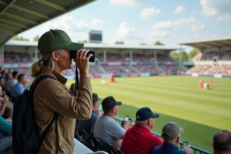 Femme regardant une compétition d'agilité canine en extérieur