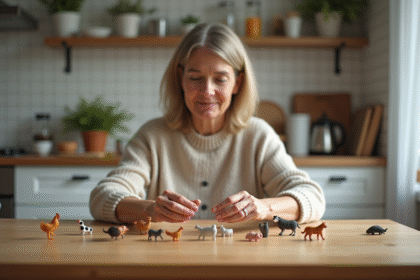 Femme d'âge moyen arrangeant des figurines d'animaux dans la cuisine