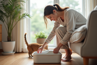 Femme d'âge moyen nettoyant une litière pour chat dans un salon lumineux