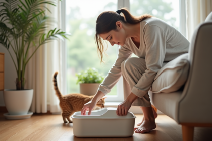 Femme d'âge moyen nettoyant une litière pour chat dans un salon lumineux
