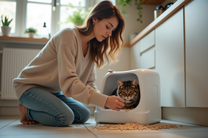 Jeune femme versant des pellets de pin dans la litière