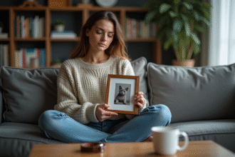 Femme tenant une photo de son chat dans un salon apaisant