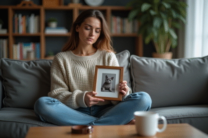 Femme tenant une photo de son chat dans un salon apaisant