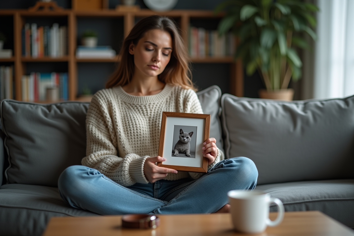 Femme tenant une photo de son chat dans un salon apaisant