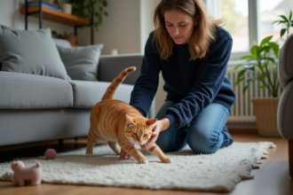 Femme en pull marin redirige un chat orange dans le salon
