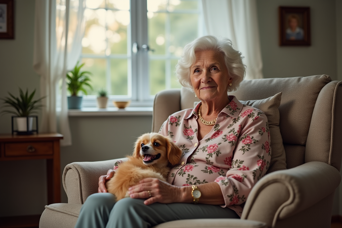 Femme âgée assise avec son chien dans un salon chaleureux