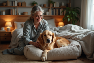 Femme en pyjama douce tétant son chien golden retriever