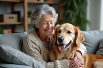 Femme âgée avec chien golden retriever dans le salon