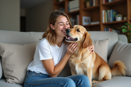 Jeune femme souriante avec son retriever dans un salon cosy